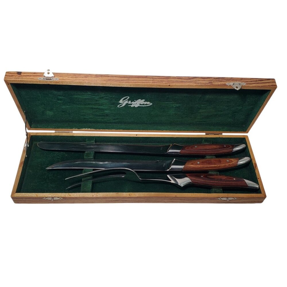 Vintage Griffon Carving Fork & Knife Set In Wooden Case Stainless Razor Steel